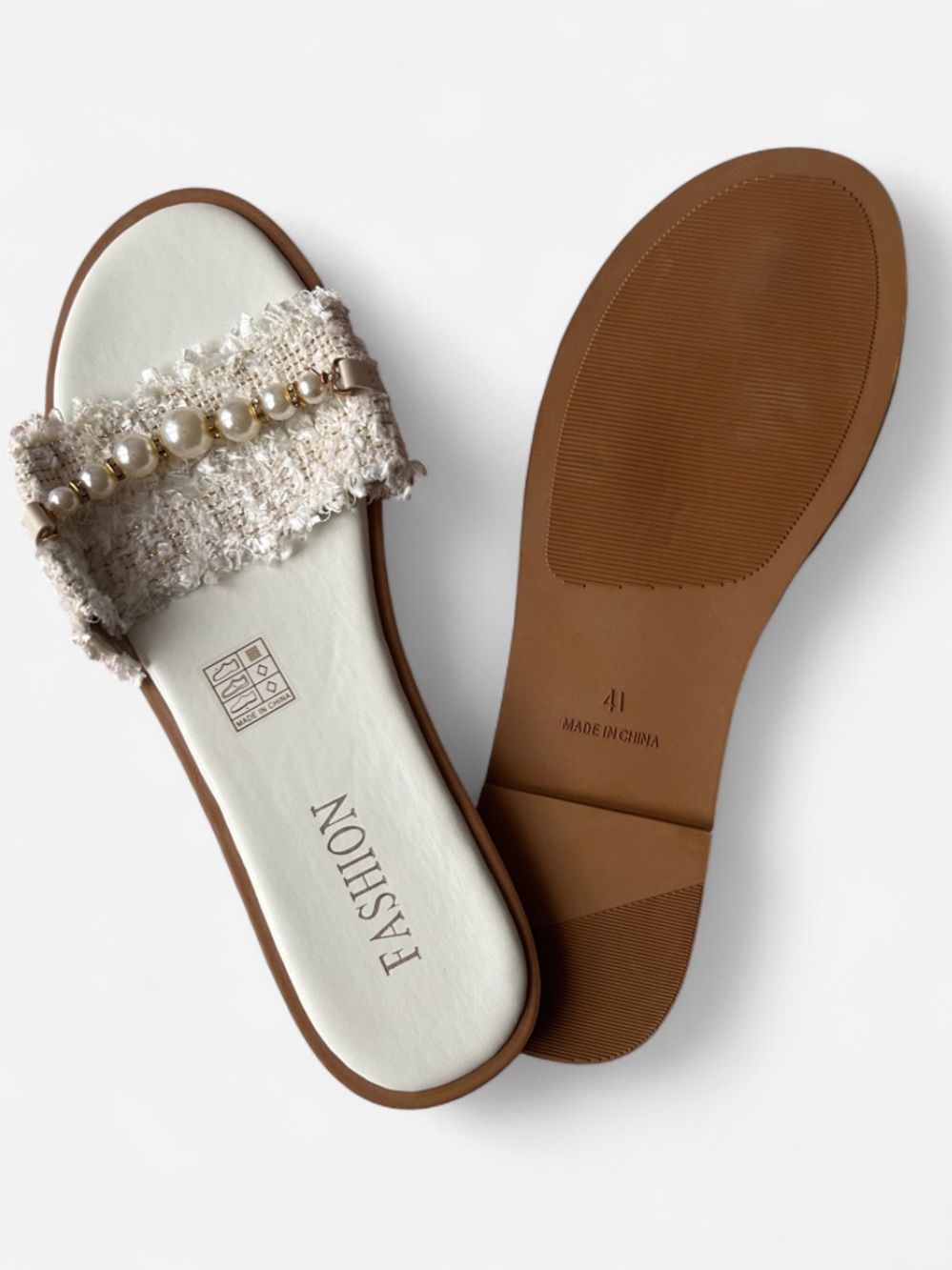 Pearl-Trim Tweed Slide Sandals - Cream/Brown